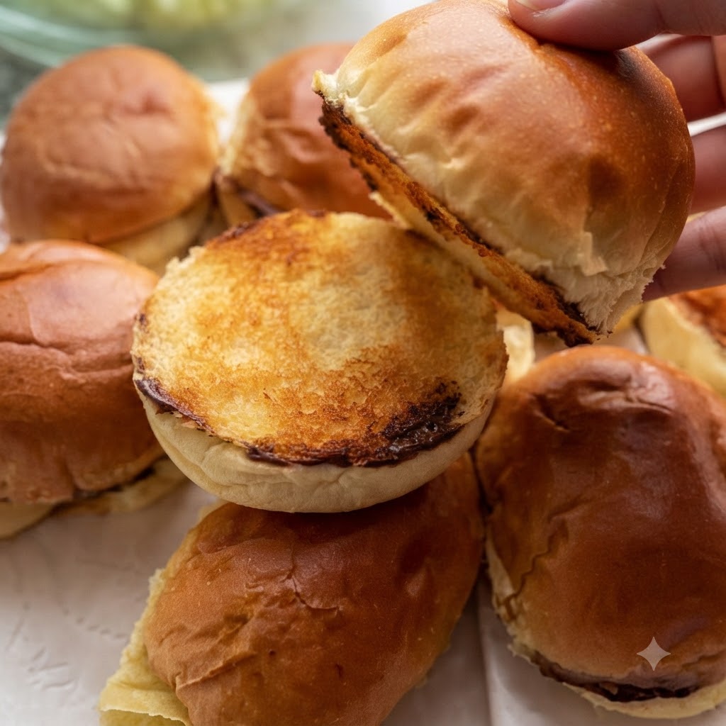 Moitiés de petits pains tenues au-dessus dune pile de pains toastés aux surfaces croustillantes et dorées.