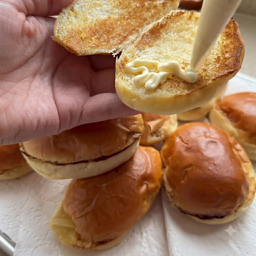 Mayonnaise pochée en zigzag sur lintérieur toasté dun pain miniature.