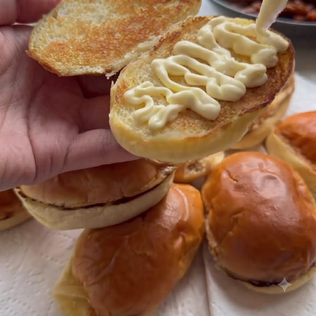 Morceaux de poulet au miel cuits et sauce épaisse versés à la cuillère sur la couche de mayonnaise du pain.