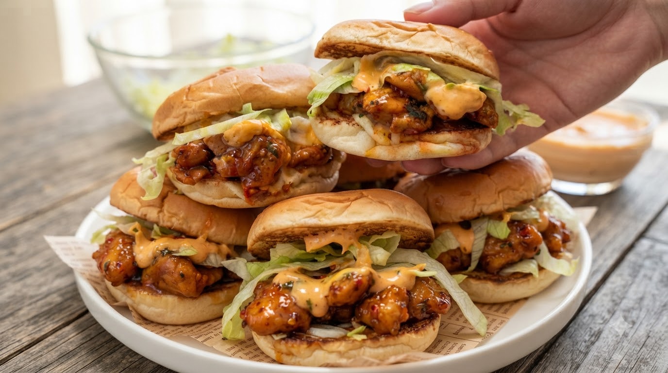 Une pile de mini burgers de poulet au miel et piquants sur une assiette blanche, garnis de laitue et nappés dune sauce crémeuse.