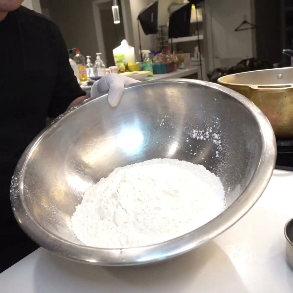 Sel dassaisonnement versé dans un grand bol rempli de farine blanche sur un plan de travail de cuisine.