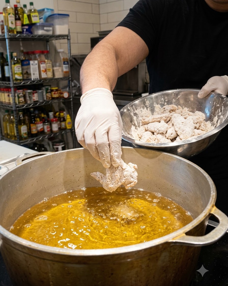 Une aile de poulet farinée délicatement descendue dans une grande casserole dhuile de friture chaude et bouillonnante.
