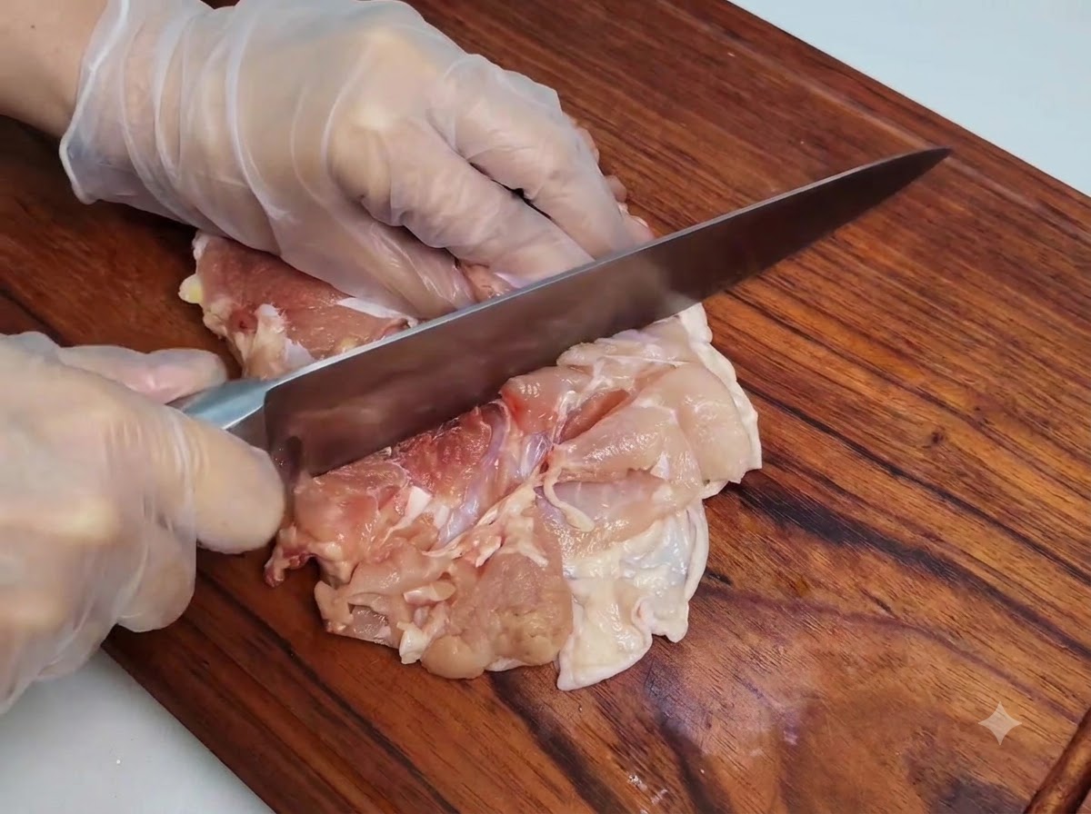 Une main gantée utilisant un couteau bien aiguisé pour quadriller la chair dune cuisse de poulet désossée sur une planche à découper en bois.