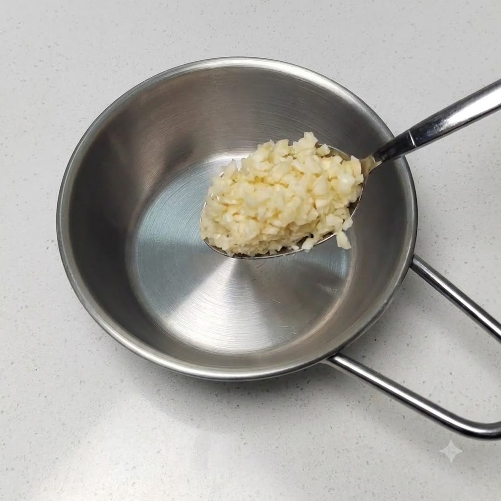 Une cuillère en métal contenant un dôme dail fraîchement haché au-dessus dun petit pot vide en acier inoxydable.