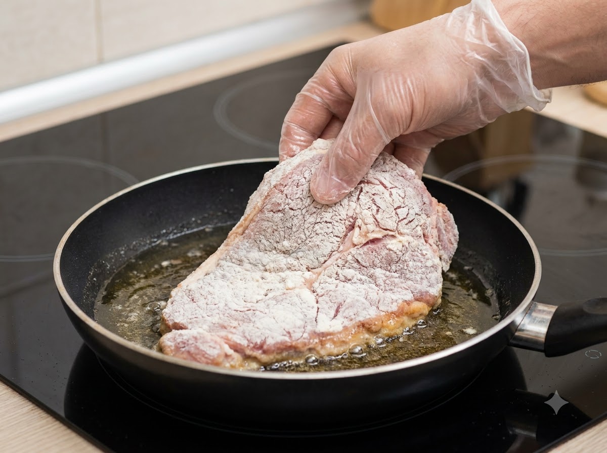 Une main utilisant des pinces pour placer un morceau de poulet enrobé de fécule dans une poêle remplie dhuile chaude.