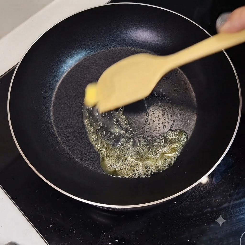 Une spatule en bois remuant du beurre fondu et de lhuile dans une poêle pour préparer la sauce.
