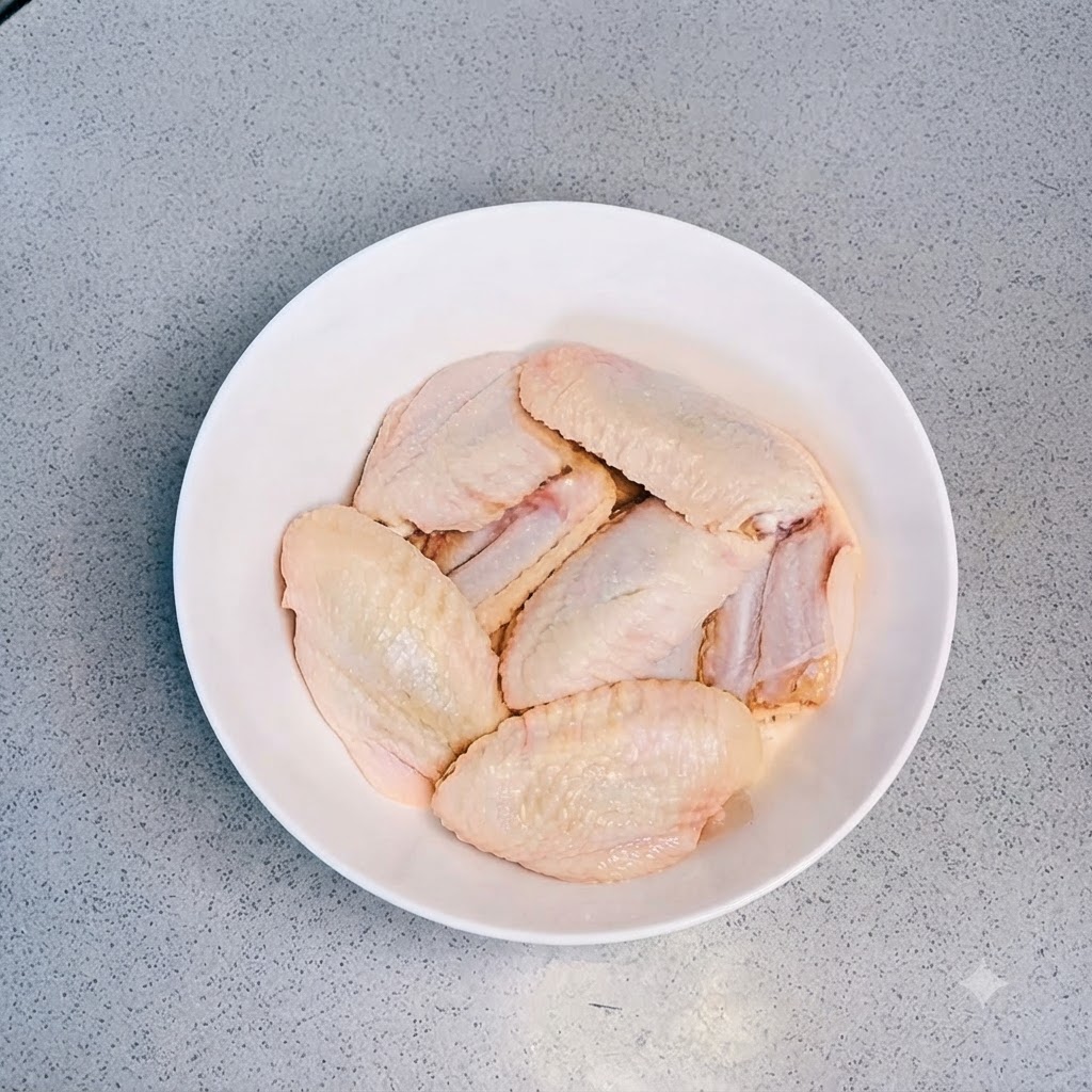 Ailes de poulet fraîches disposées proprement dans un bol en céramique blanc.