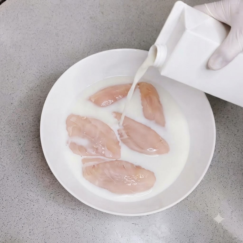 Du lait blanc versé dune brique dans un bol rempli dailes de poulet.