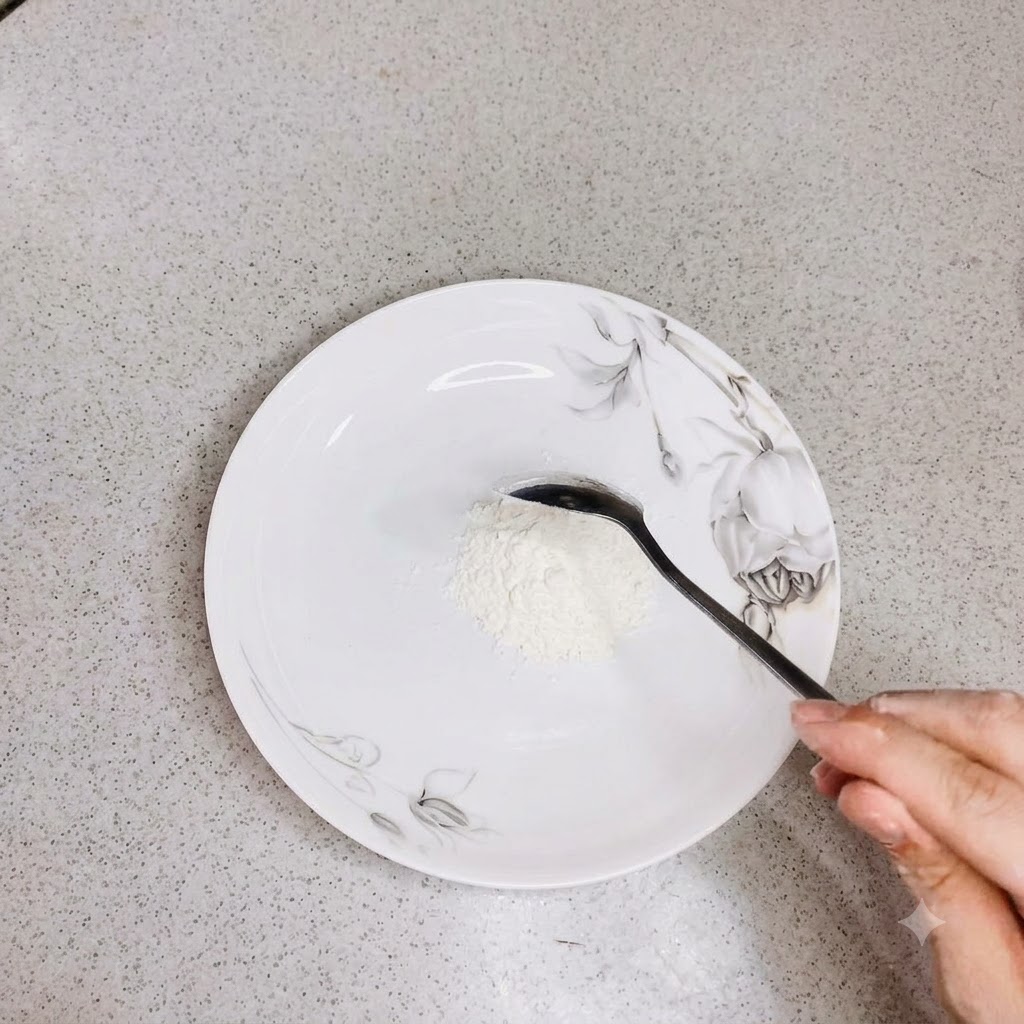 De la farine versée à la cuillère sur une assiette décorative blanche.