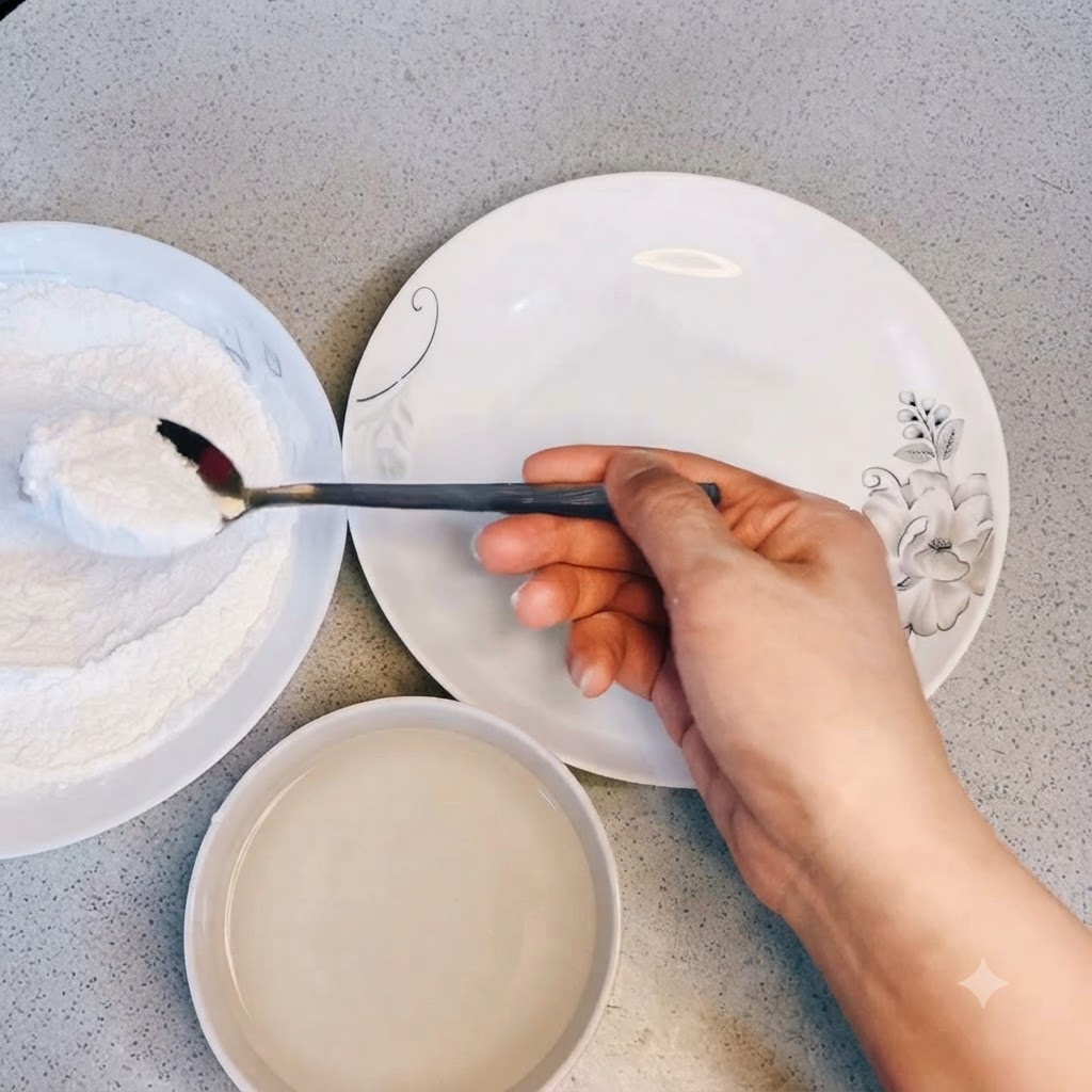 De la poudre à frire transférée à laide dune cuillère pour préparer le mélange de pâte.