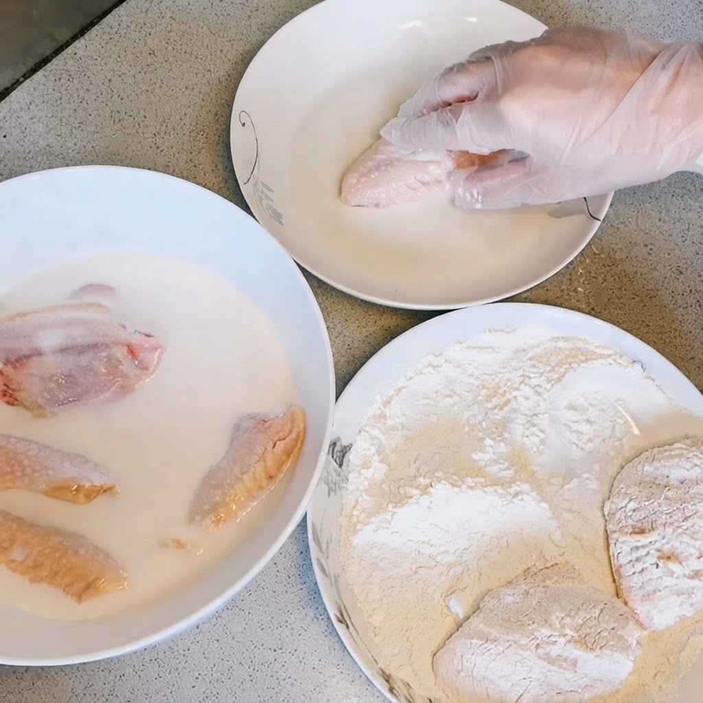 Une main gantée enrobant une aile de poulet marinée dans de la poudre à frire sèche à côté de bols de pâte et de lait.