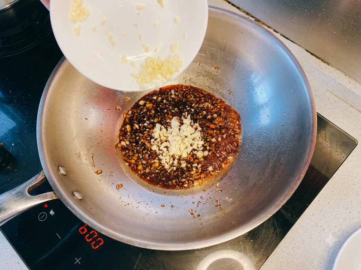 De lail haché frais versé dun petit plat dans le mélange de sauce frémissant.