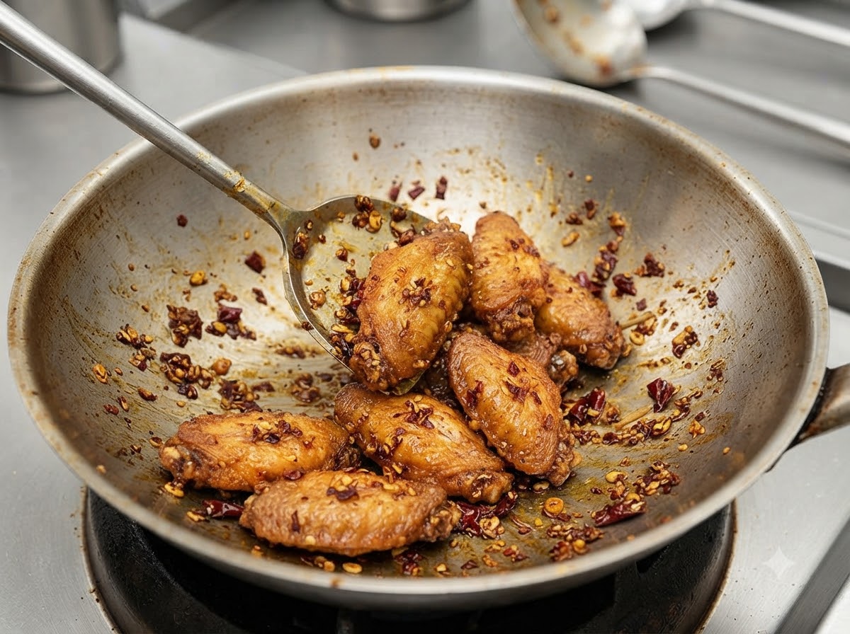 Ailes de poulet croustillantes soigneusement mélangées et enrobées dans un riche glaçage foncé à lintérieur dun wok.