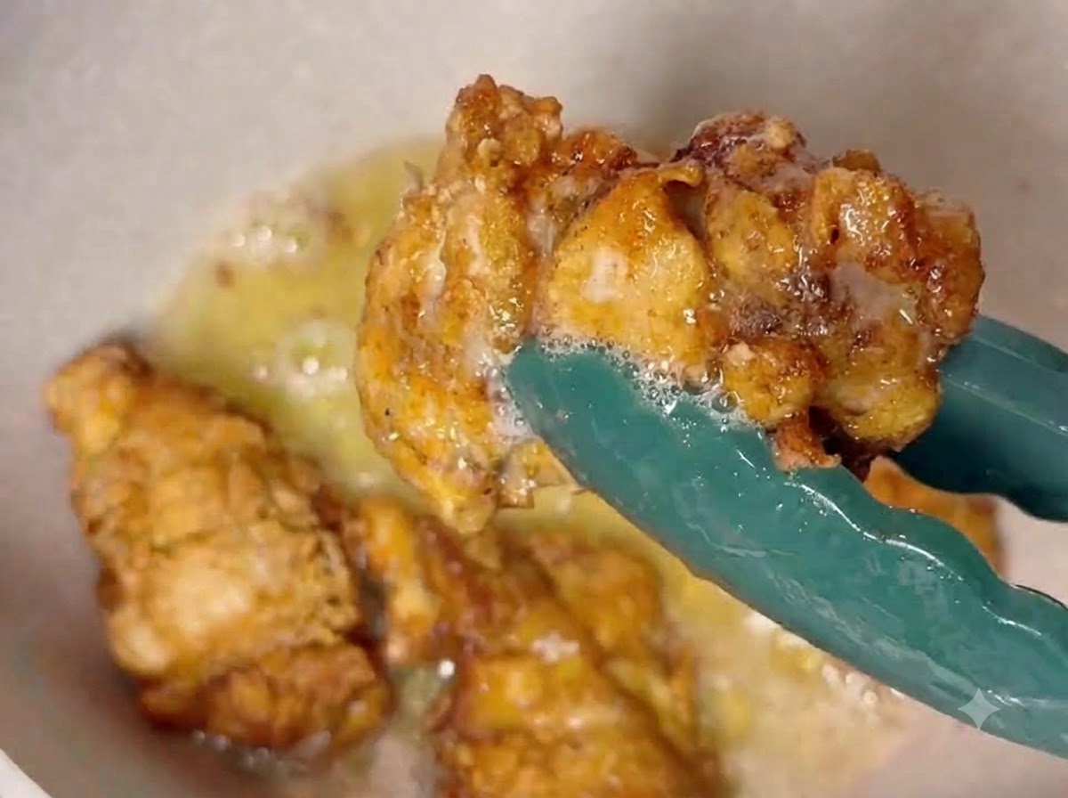 Des pilons de poulet frits retournés avec des pinces dans une poêle dhuile chaude jusquà ce quils soient dorés.