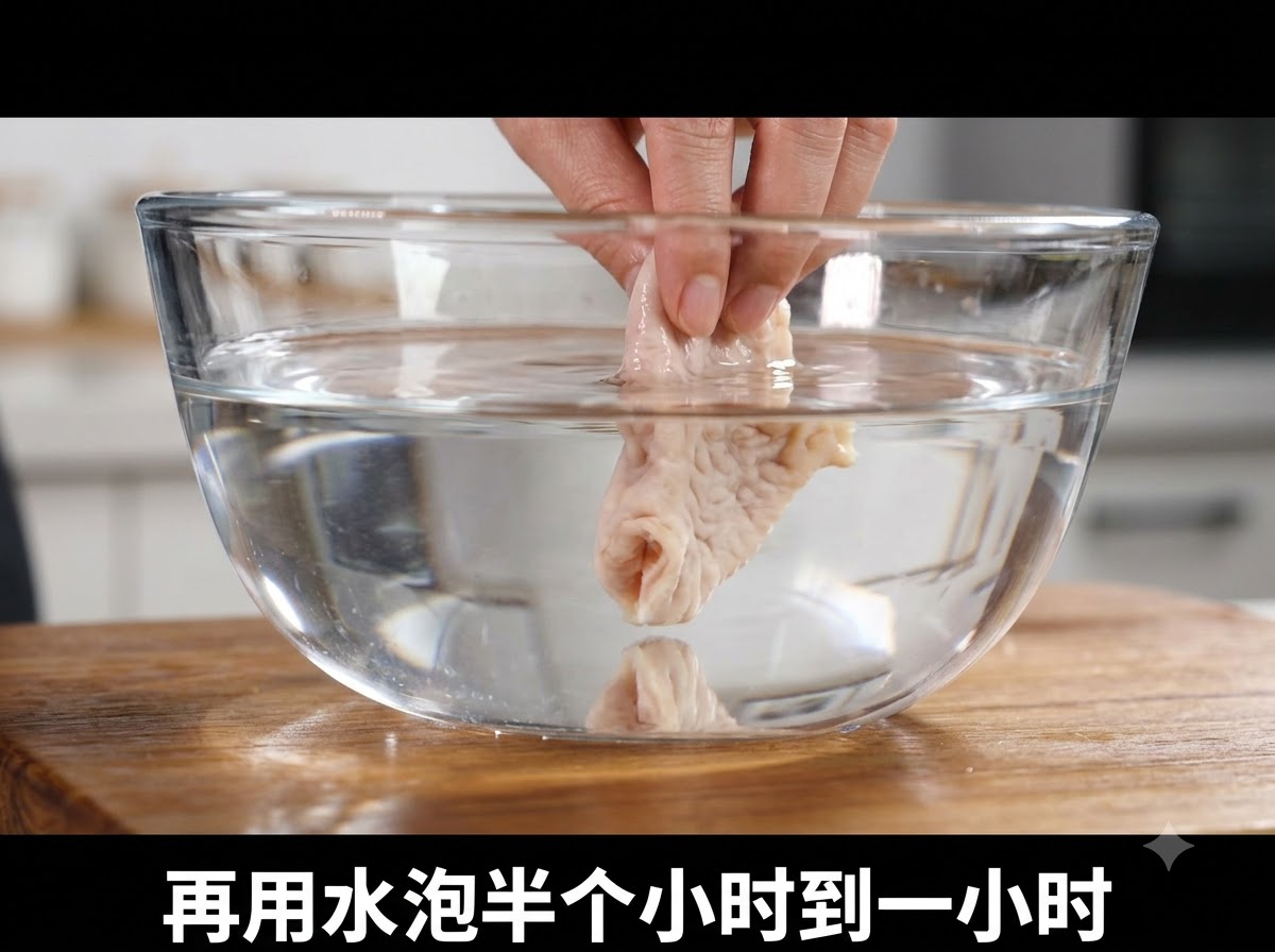 Morceaux de poulet désossé trempant dans un bol en verre rempli deau sur une surface en bois.
