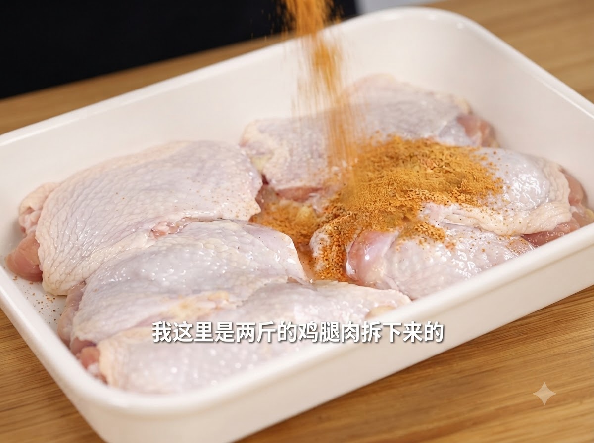Poudre de saumure épicée saupoudrée sur des morceaux de poulet désossé cru disposés dans un plateau blanc.