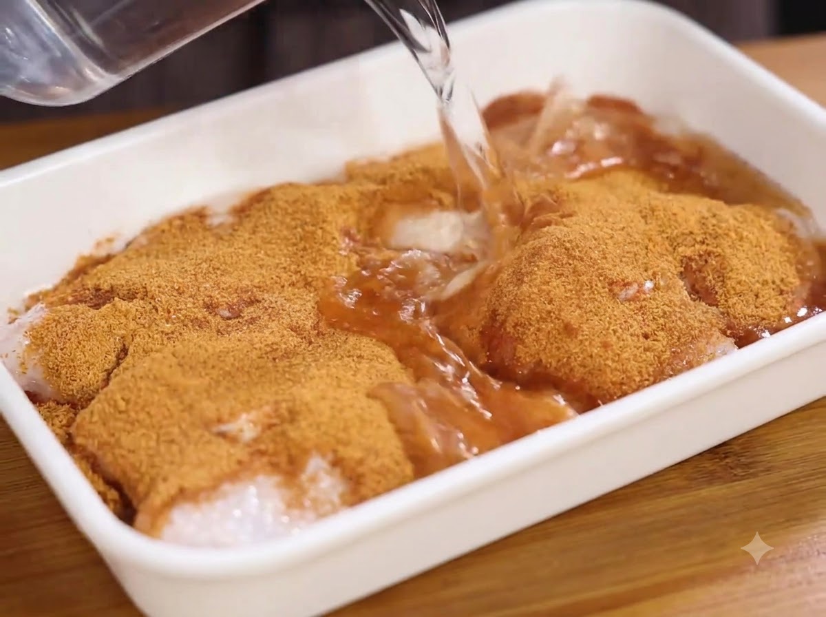 De leau versée dun récipient dans un plateau blanc contenant de la viande de poulet assaisonnée.