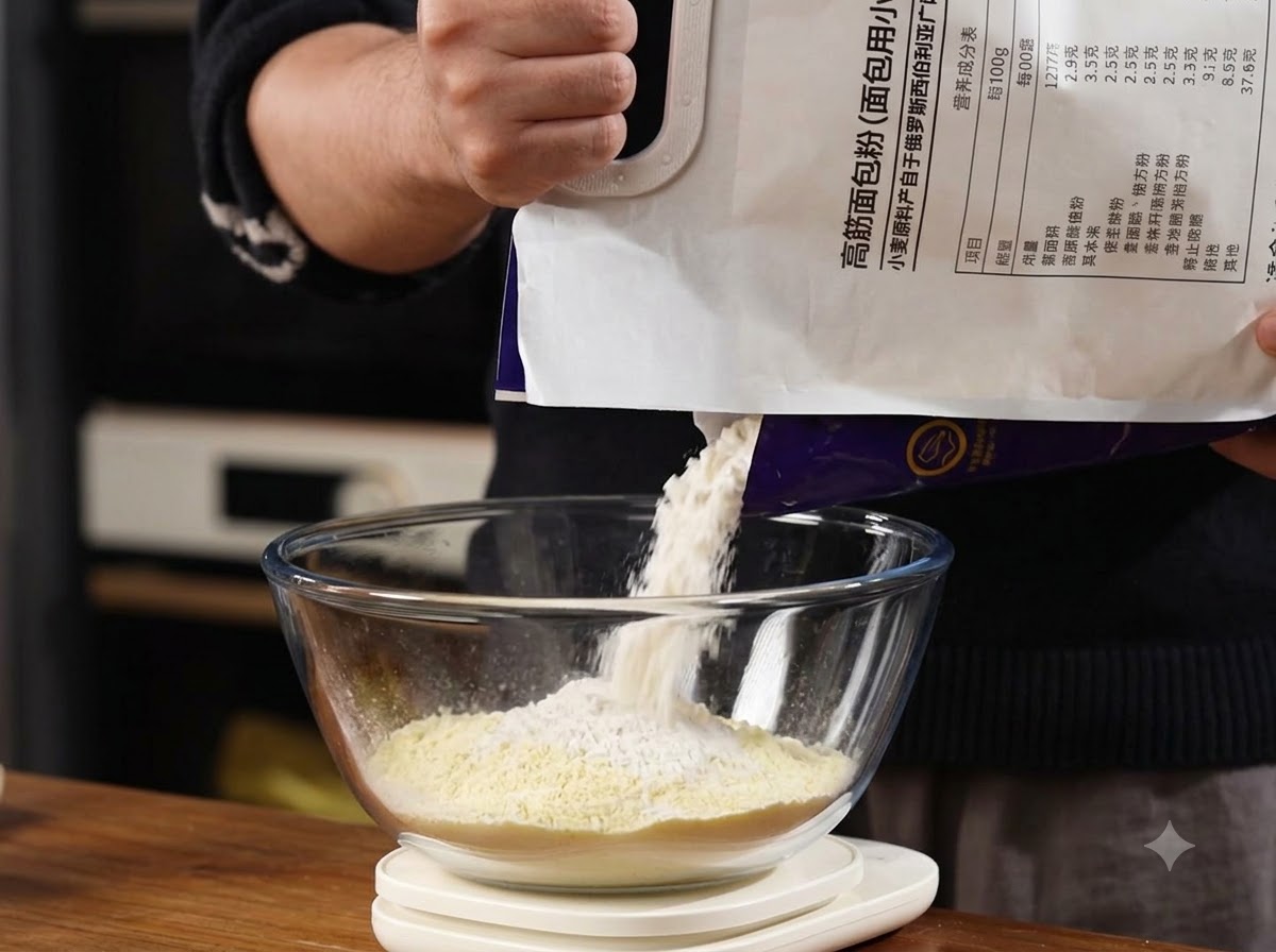 De la farine riche en gluten versée dun sac dans un bol mélangeur en verre reposant sur une balance numérique.