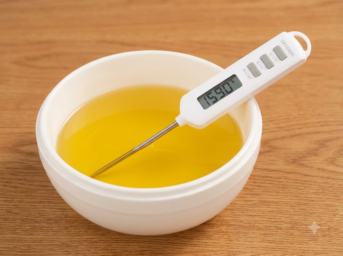 Un thermomètre numérique mesurant la température dune huile de cuisson jaune à lintérieur dun bol ou dun pot blanc.