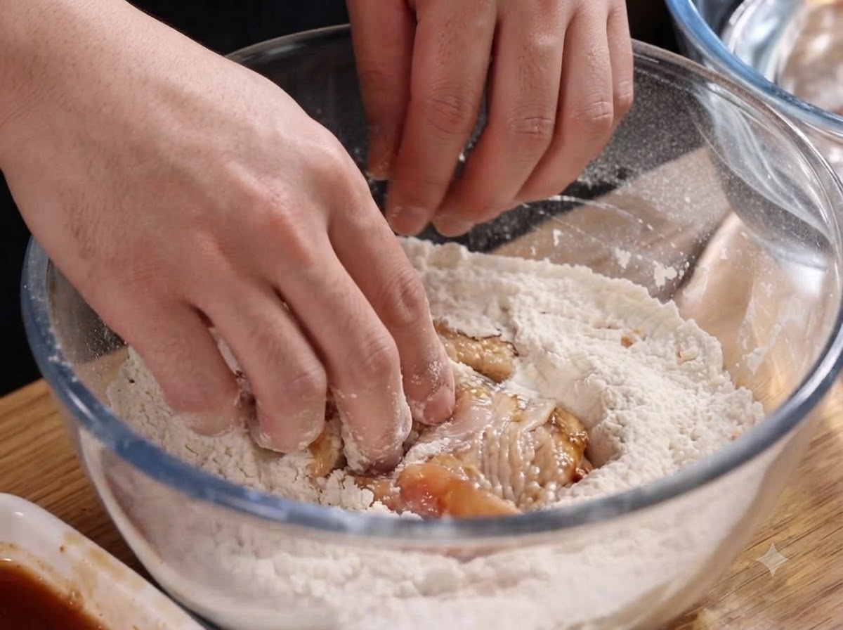 Morceaux de poulet marinés soigneusement enrobés de farine à frire sèche à lintérieur dun bol en verre.