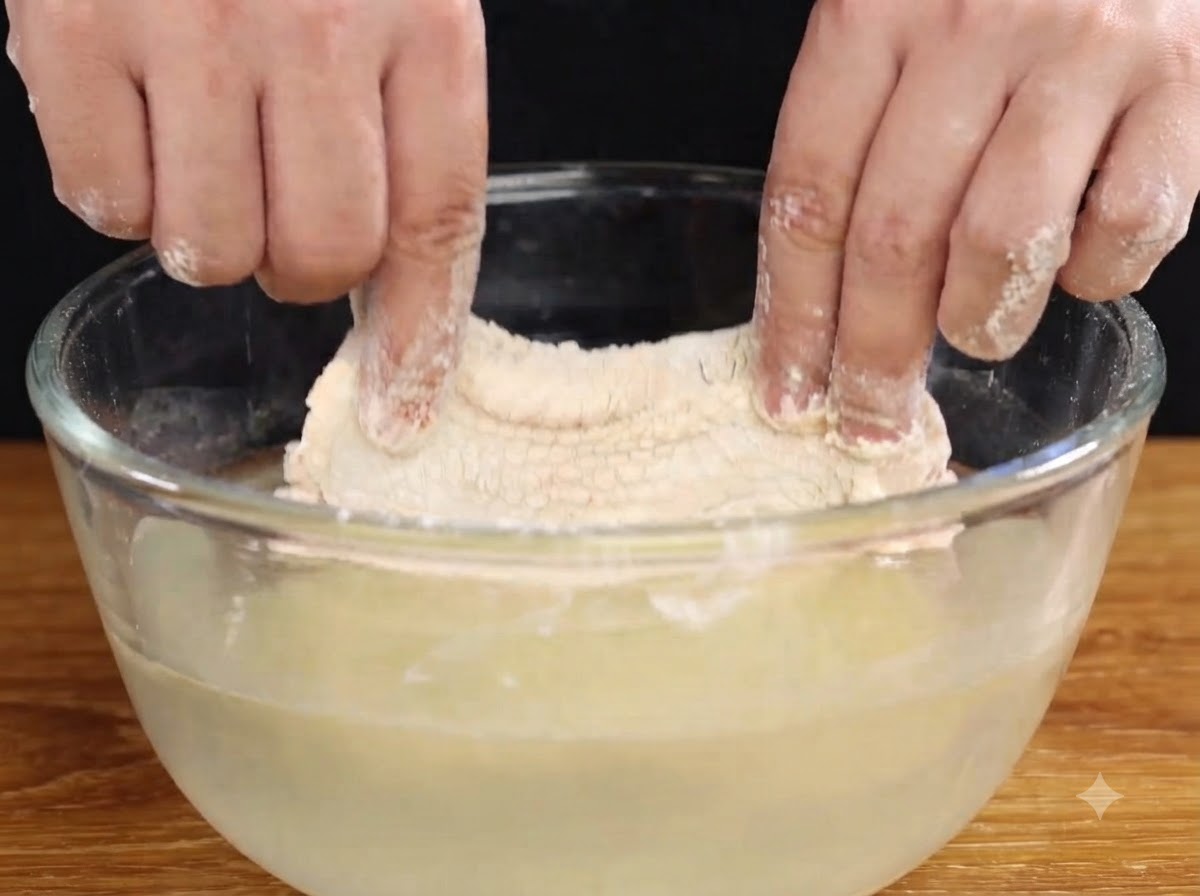 Mains trempant un morceau de poulet pané dans un bol deau.
