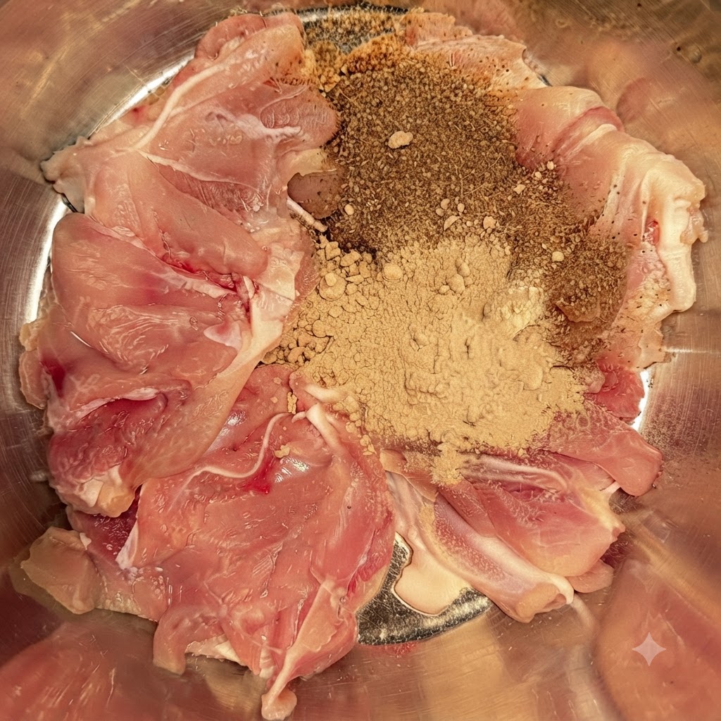 Poulet cru dans un bol généreusement recouvert de tas de poudre de poivre du Sichuan, de poudre dail et de poudre de piment.