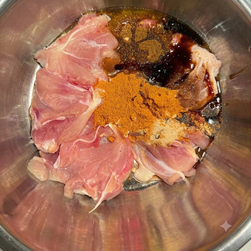 Poulet cru et épices sèches avec de la sauce soja, de la sauce huître et de lhuile de poivre versées par-dessus dans un bol en métal.