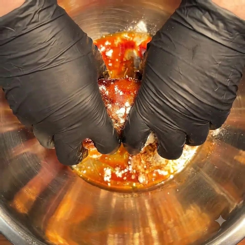 Mains gantées massant soigneusement les marinades foncées et les épices dans les morceaux de poulet cru dans un bol en métal.