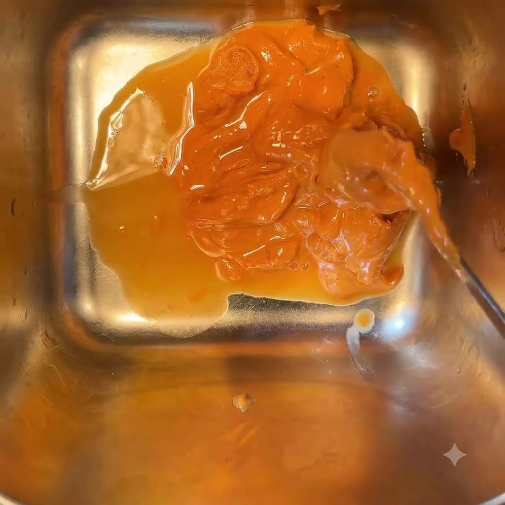 Beurre de cacahuète épais mélangé avec du vinaigre, du miel et de leau dans un récipient carré en métal, remué avec une cuillère.