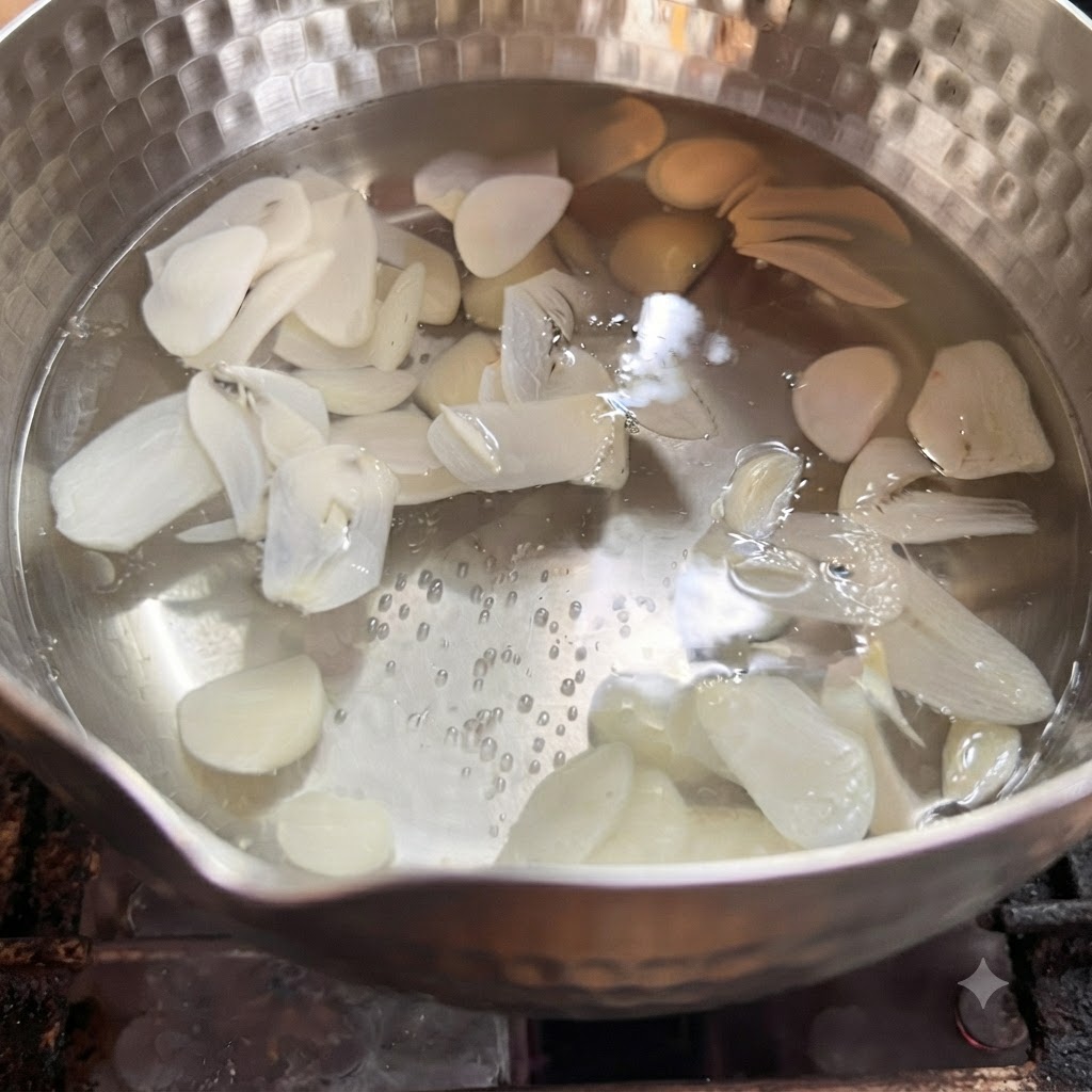 Gousses dail tranchées finement bouillant dans une casserole deau chaude.
