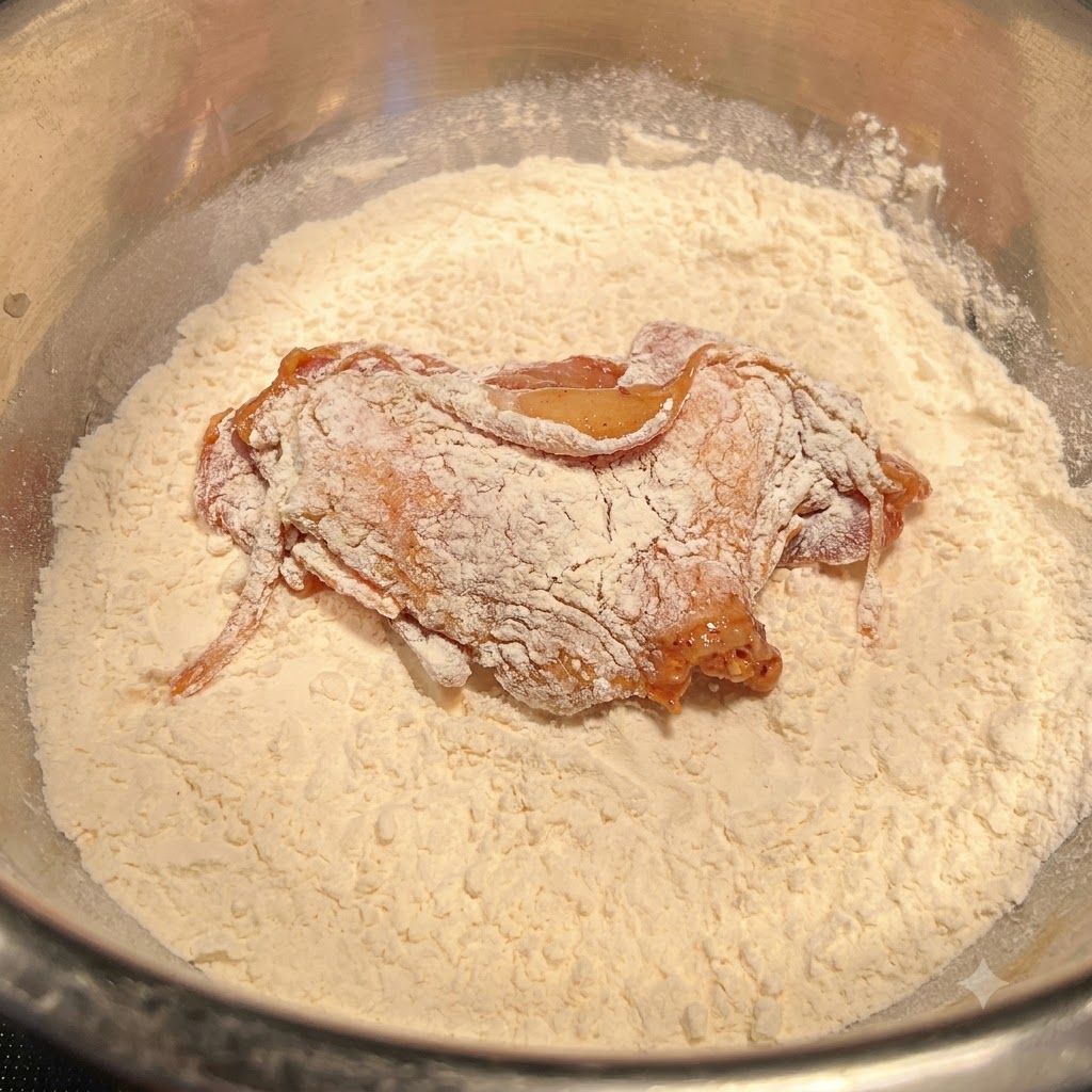 Morceau de poulet mariné reposant dans un bol de farine sèche, enrobé uniformément.