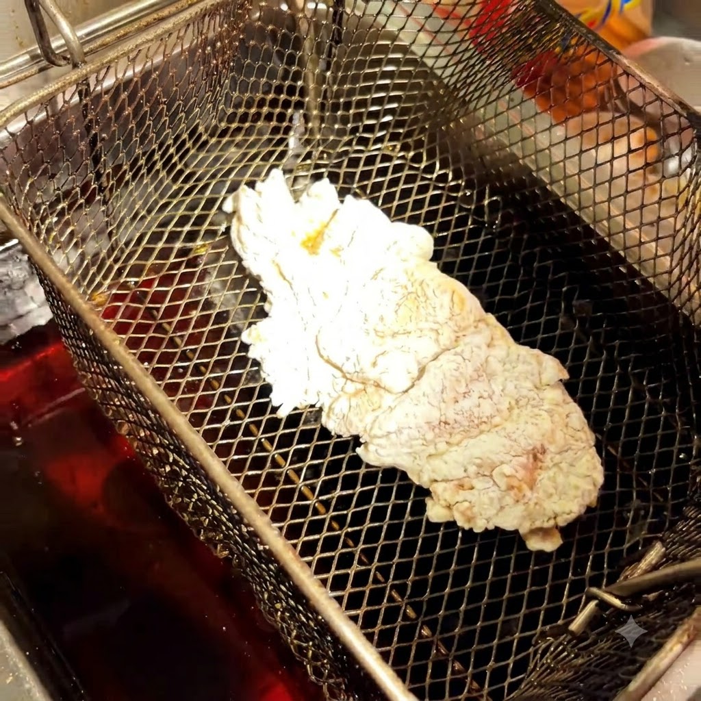 Morceau de poulet enrobé de panure reposant à lintérieur dun panier de friteuse au-dessus dhuile chaude.