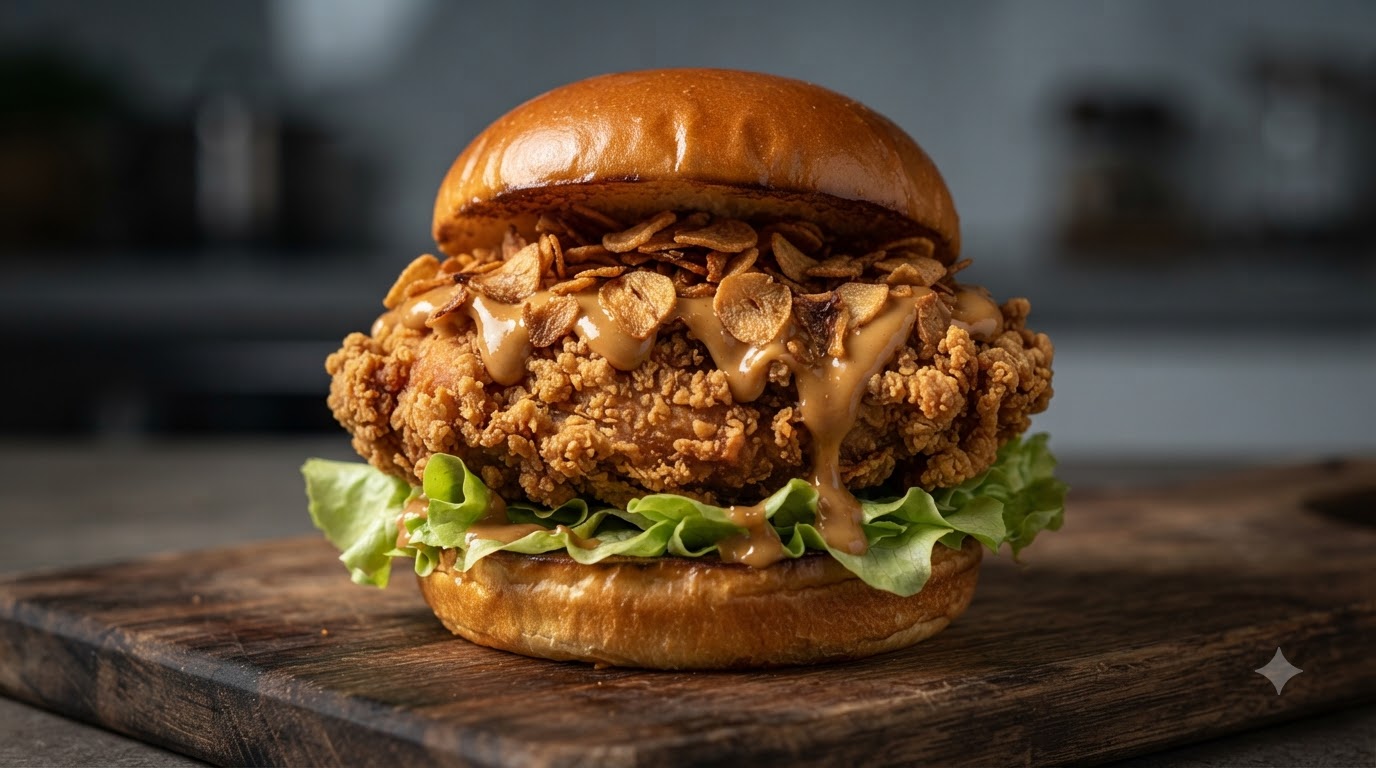 Burger de Poulet Frit Mala à l'Ail et au Beurre de Cacahuète