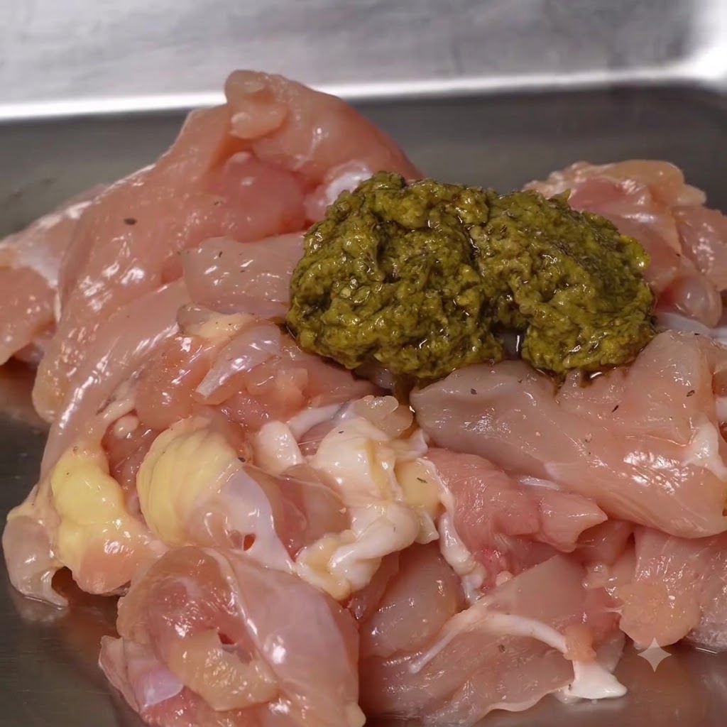 Morceaux de poulet crus coupés dans un plateau en métal garnis dune cuillerée de sauce pesto verte.