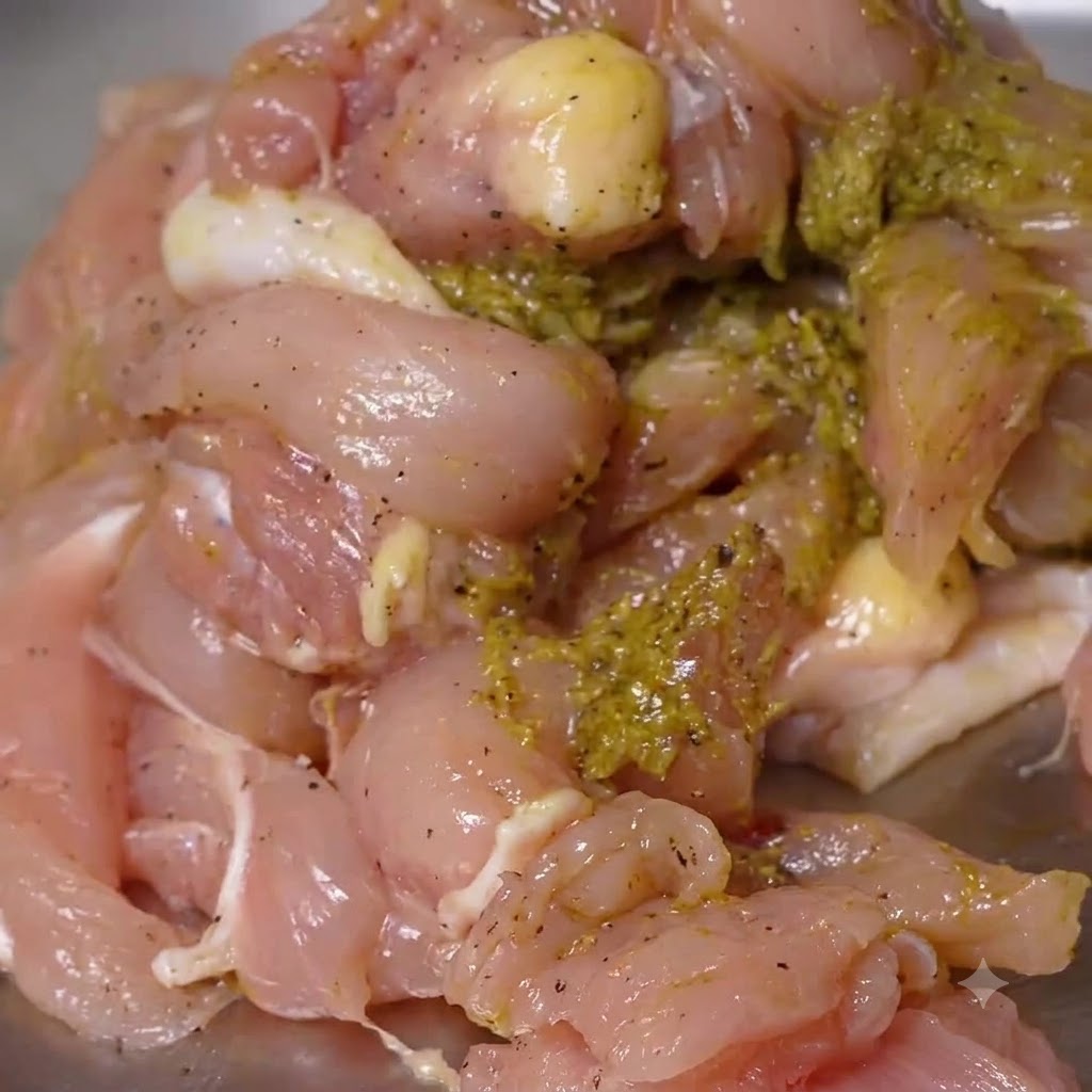 Gros plan de morceaux de poulet crus uniformément enrobés de marinade au pesto vert dans un plateau en métal.