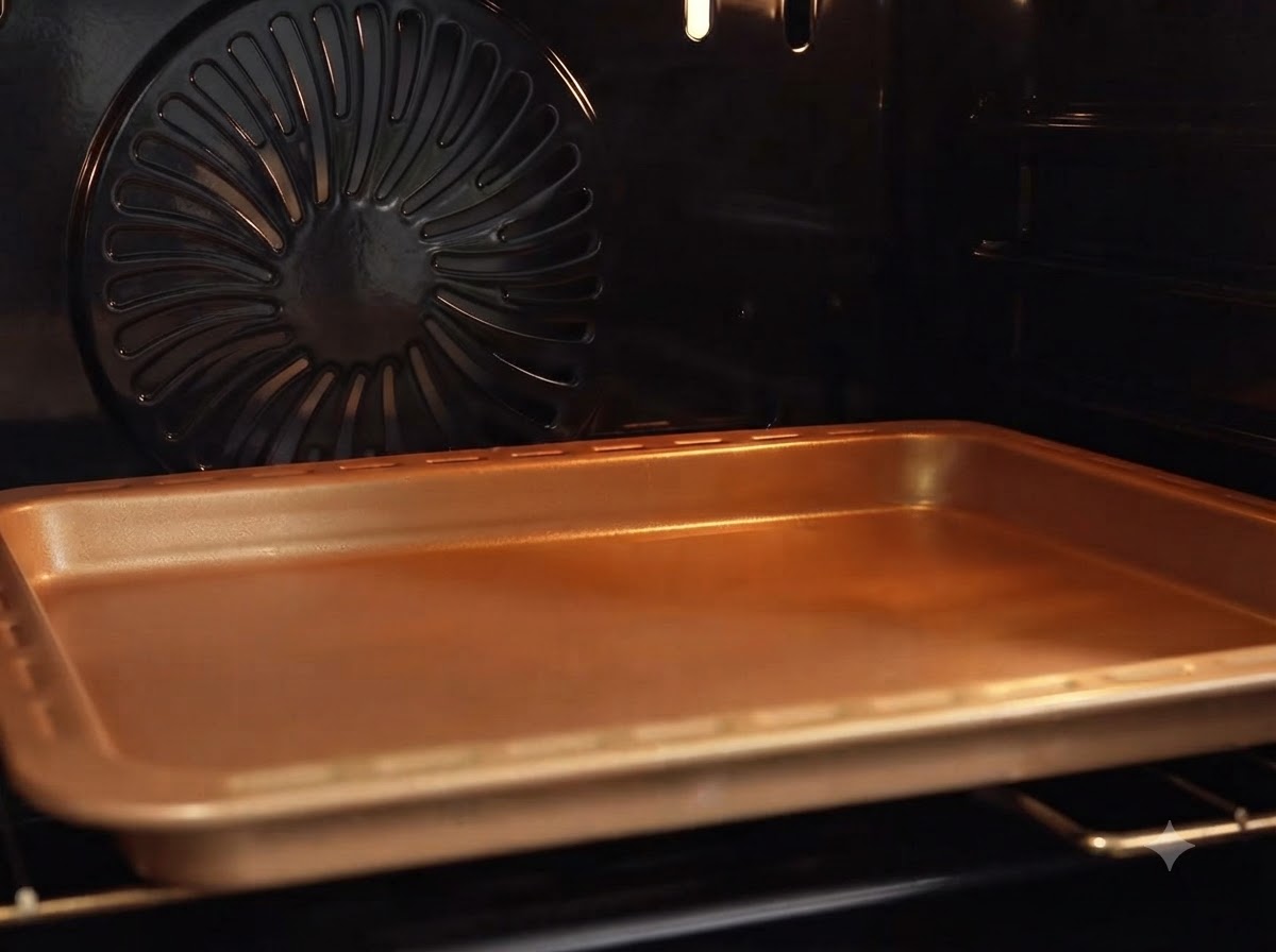 Une plaque de cuisson en cuivre placée dans un four chaud pendant le processus de cuisson.