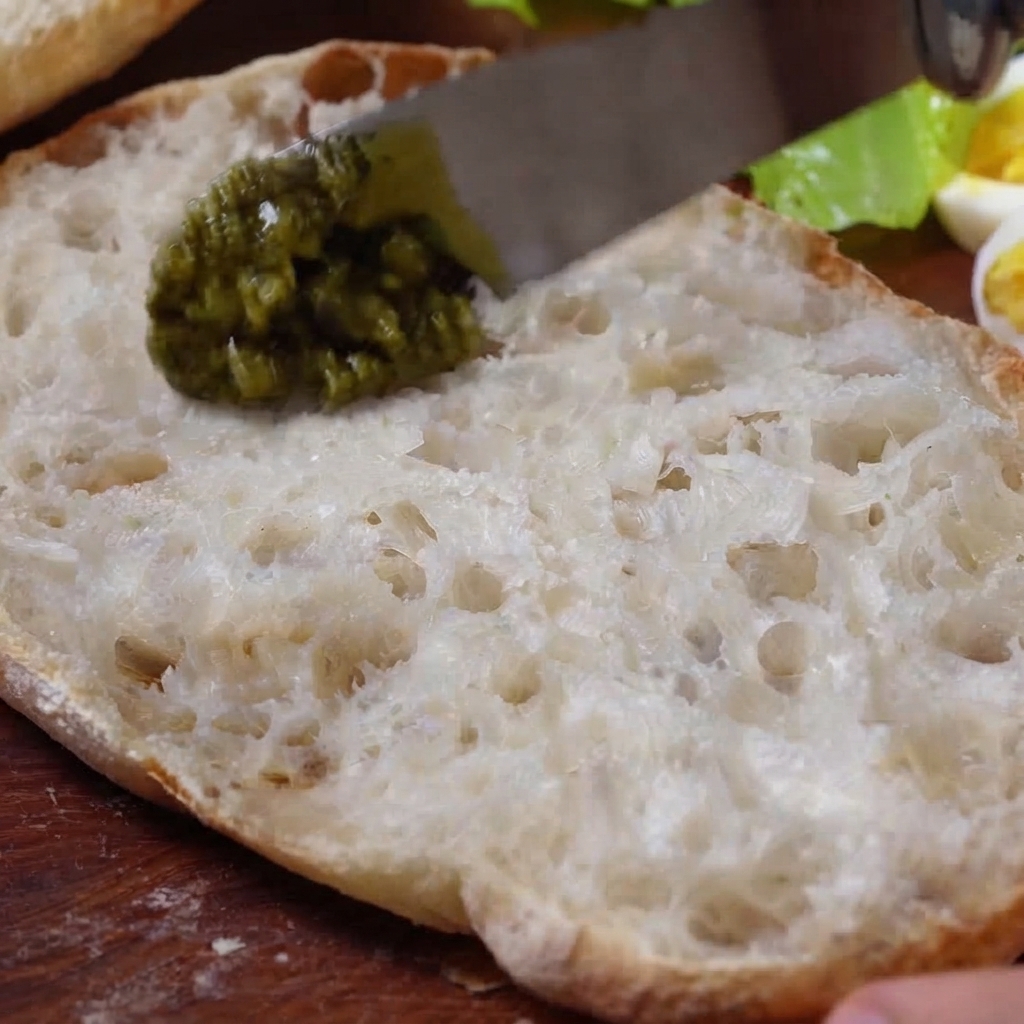 Un couteau étalant du pesto vert vif sur une tranche de pain ciabatta ouverte.