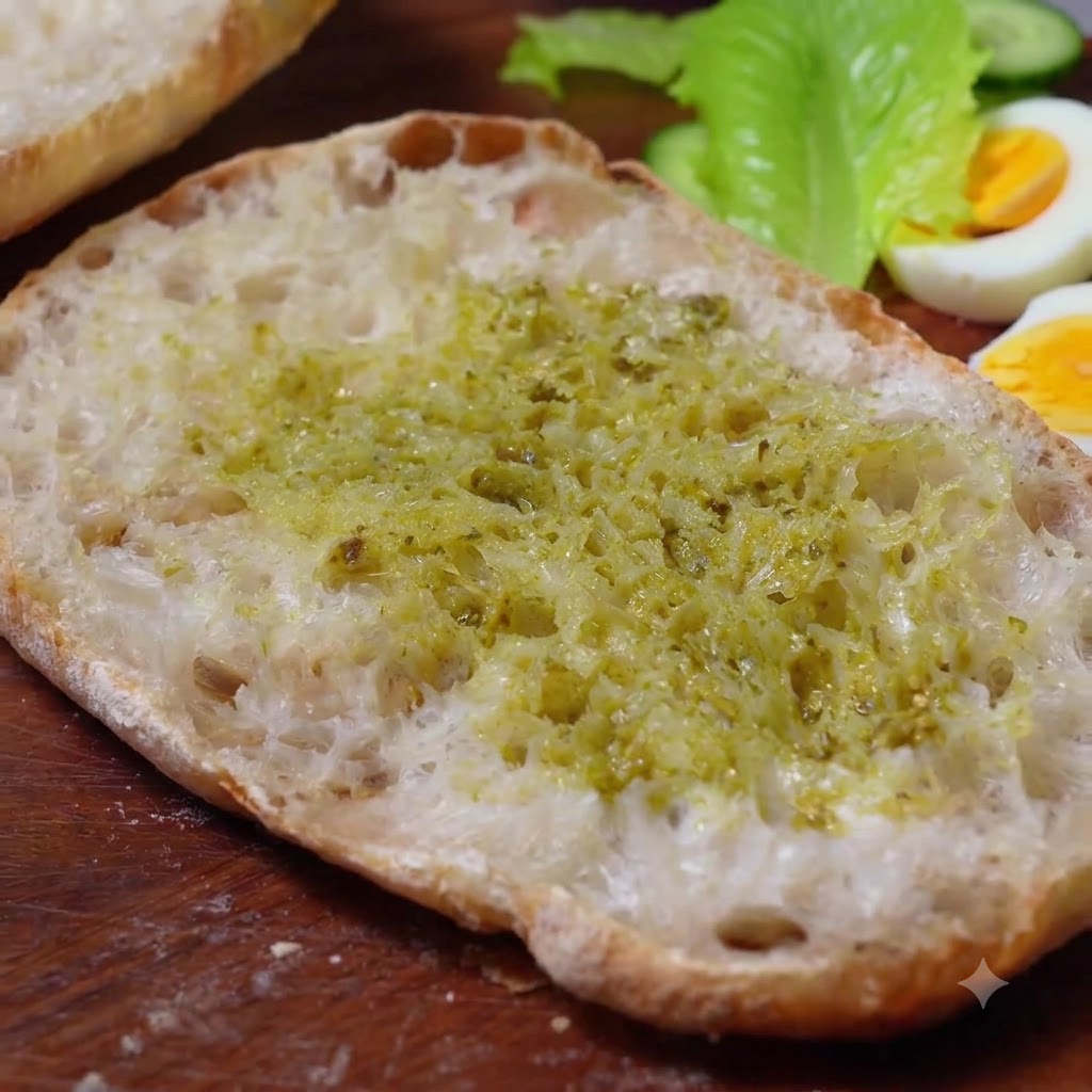 De la sauce salade blanche étalée sur la couche de pesto sur le pain ciabatta.