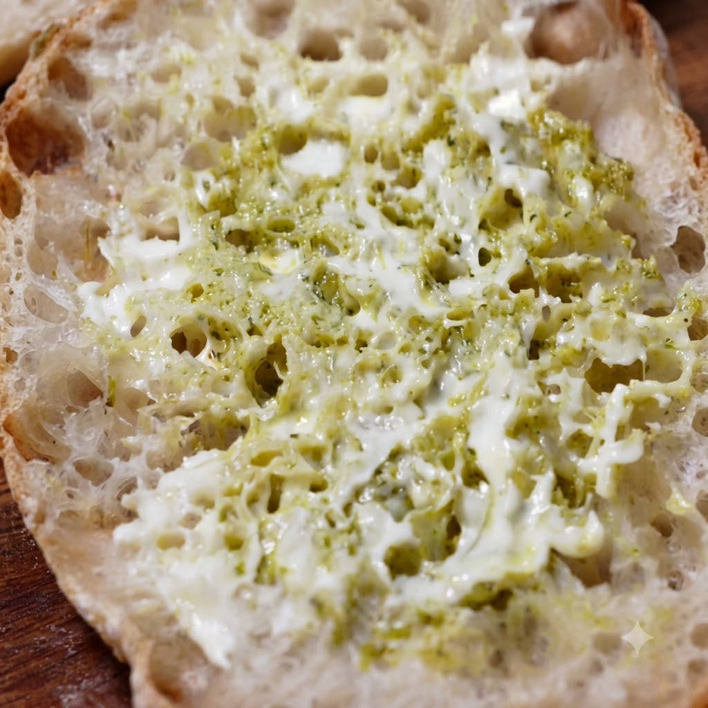 Feuilles de laitue romaine fraîche et de chou frisé disposées sur le pain ciabatta garni de sauce.