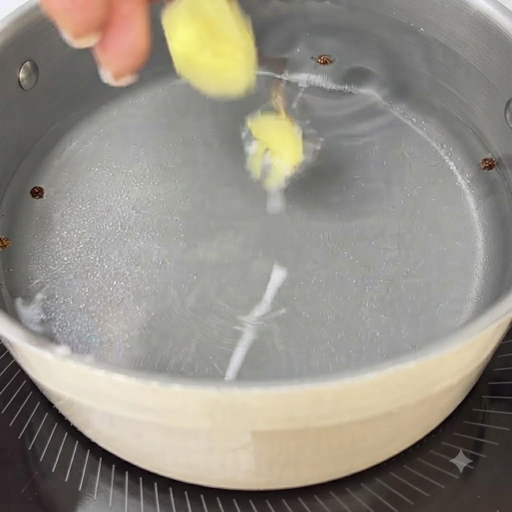 Tranches de gingembre, oignons verts et grains de poivre flottant dans une casserole deau froide sur une cuisinière.
