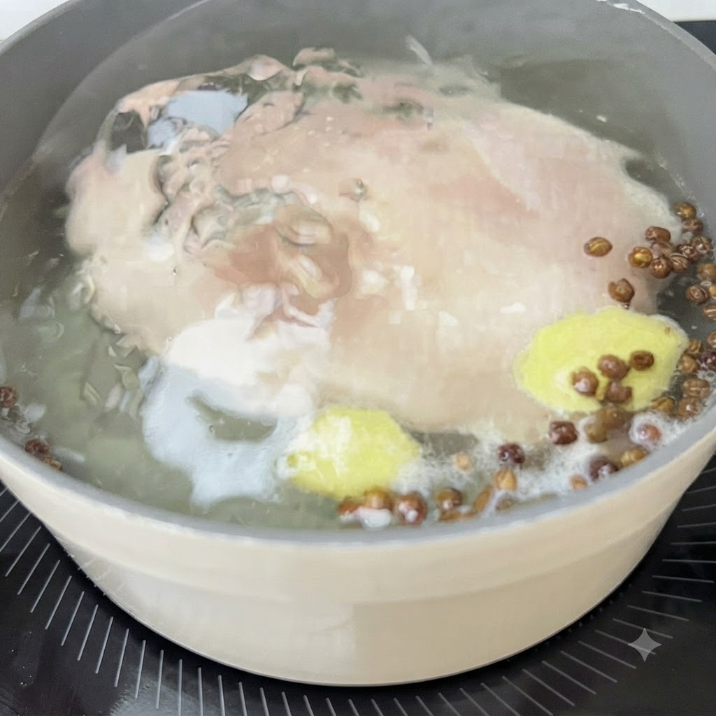 Blanc de poulet mijotant dans une casserole avec des tranches de gingembre et des grains de poivre du Sichuan.