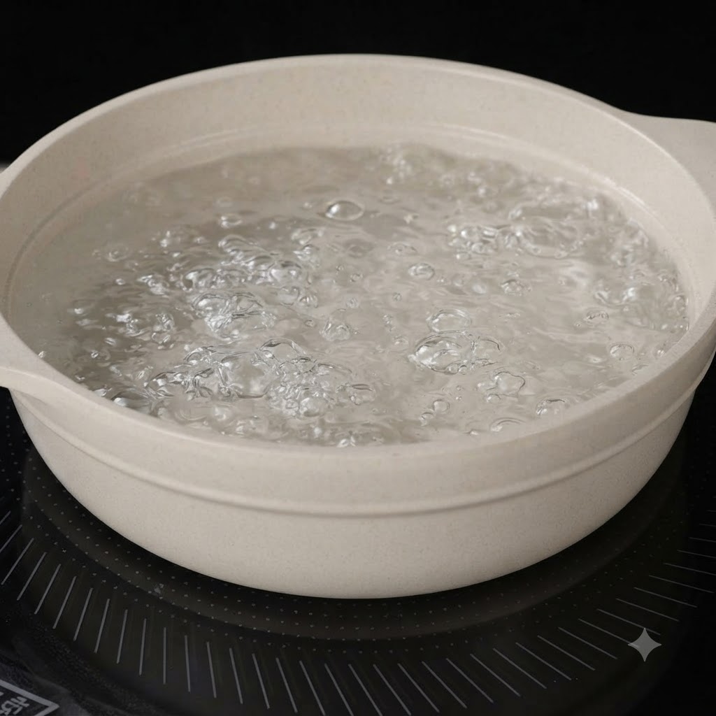 Feuilles de basilic frais en train dêtre blanchies dans une casserole deau bouillante.