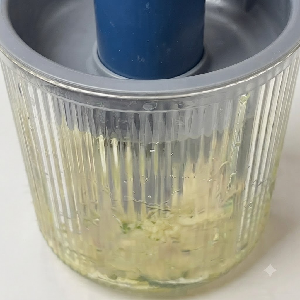 Ingrédients du pesto en train dêtre mixés dans un robot culinaire pour former une sauce verte grossière.