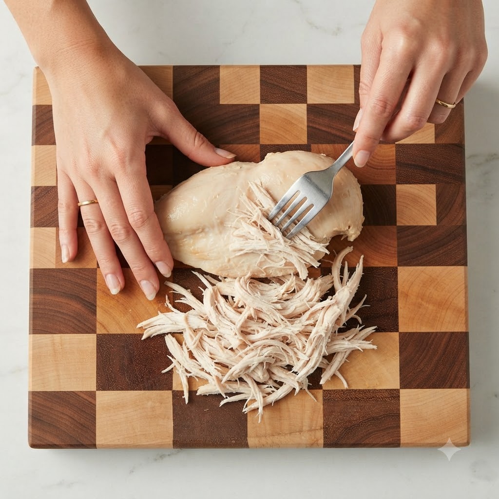 Un blanc de poulet cuit sur une planchette à découper en bois en train dêtre effiloché à laide dune fourchette en métal.