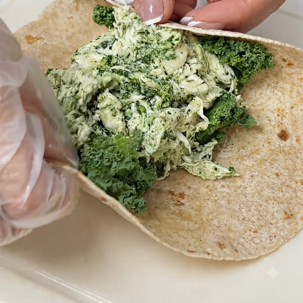 Une tortilla en train dêtre roulée fermement sur une garniture de chou kale vert et de poulet effiloché sur une planchette à découper.