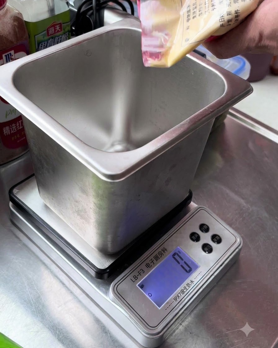 Un sachet de mayonnaise versé dans un récipient métallique posé sur une balance de cuisine numérique.