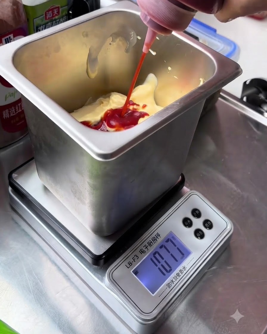 Du ketchup rouge pressé dune bouteille dans la base de mayonnaise blanche à lintérieur dun récipient métallique.