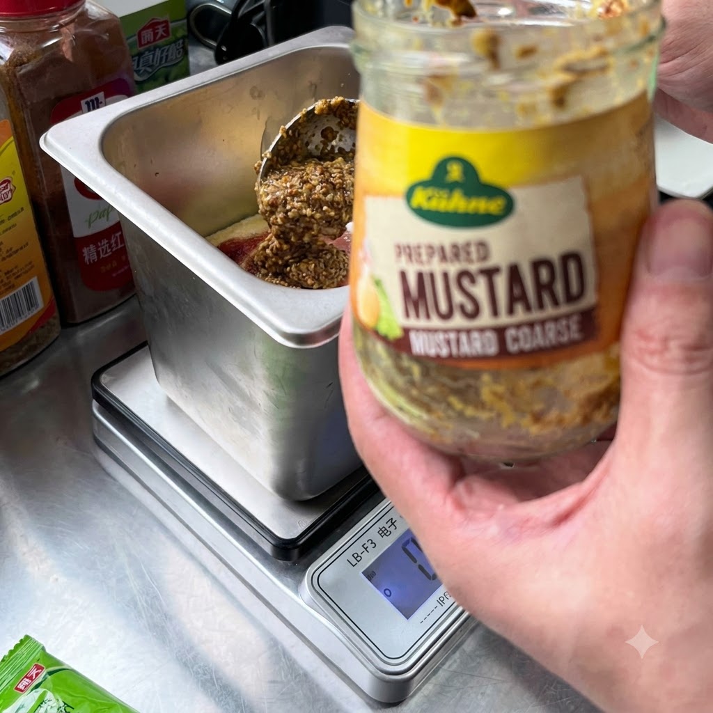 Une cuillère de graines de moutarde à lancienne ajoutée dun pot dans le récipient de sauce.