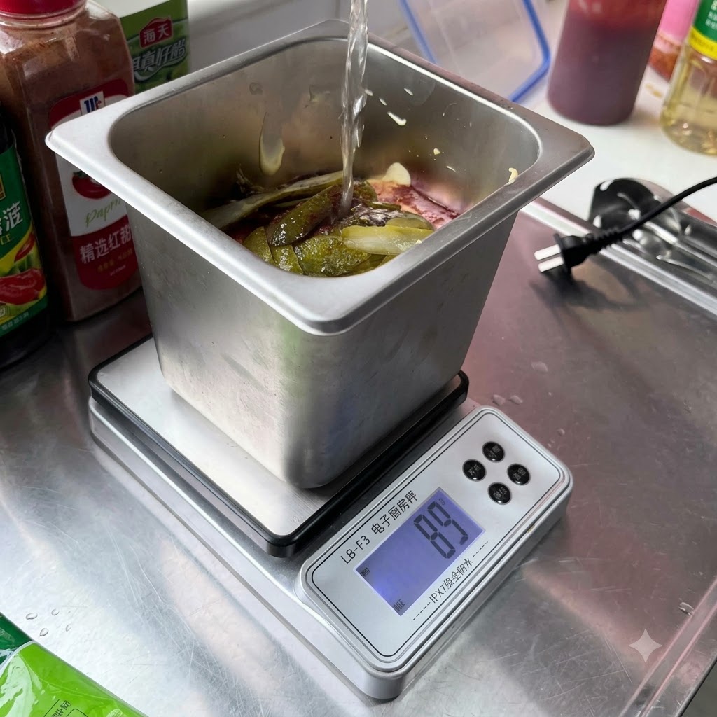Des tranches de concombres au vinaigre ajoutées dans le récipient métallique avec les ingrédients de la sauce.