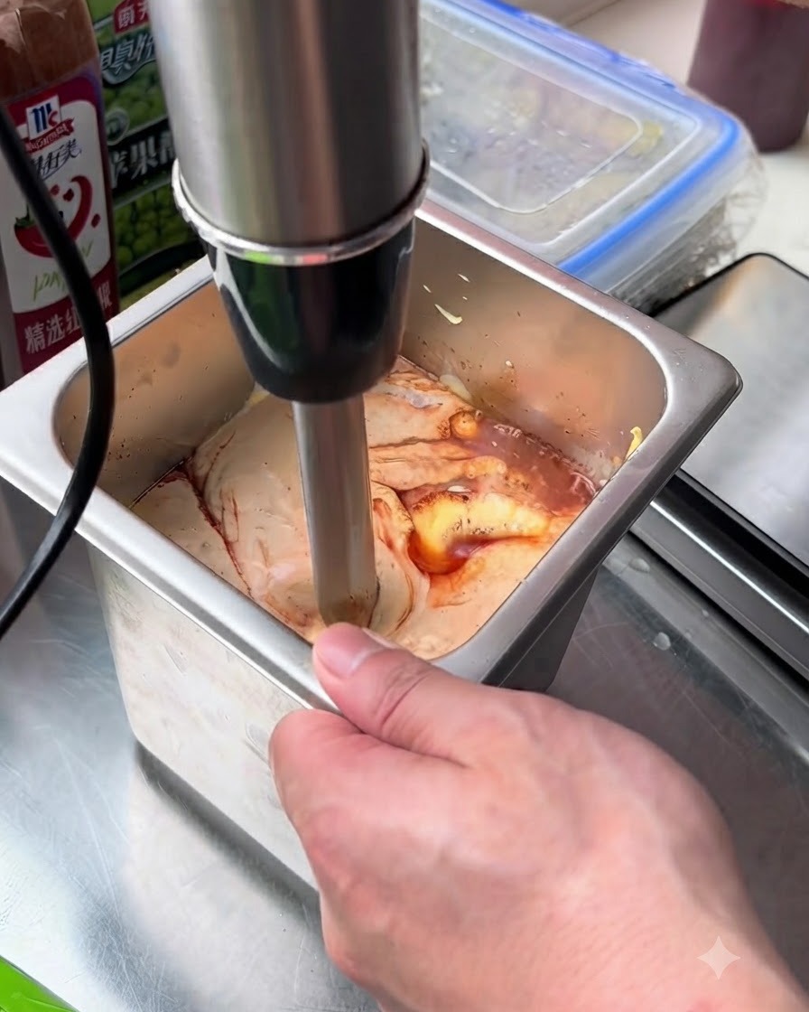 Un mixeur plongeant mélangeant les ingrédients de la sauce burger à lintérieur du récipient métallique.